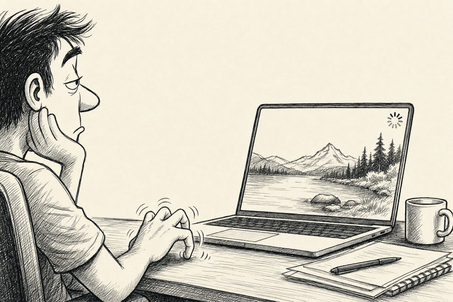 Over a bored user's shoulder: a laptop where one enormous photograph fills nearly the whole screen and pushes everything else to the edges, with a loading spinner still turning.