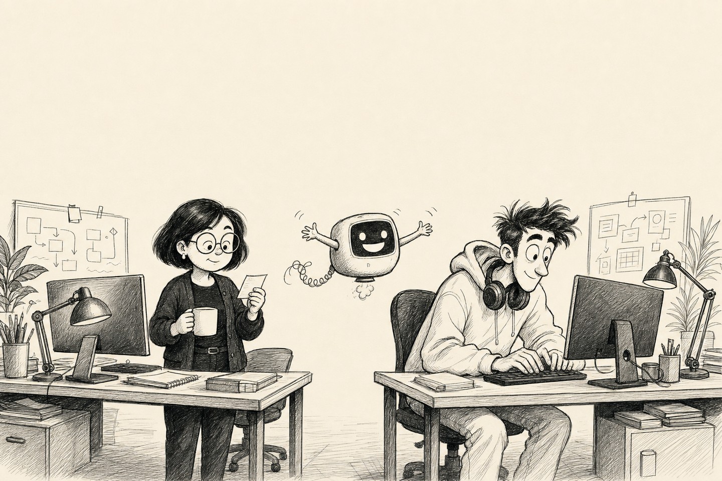 The senior in her dark cardigan stands reading a slip of paper with her mug. The junior in his white hoodie is already typing at the next desk. The robot floats between them with its arms spread.