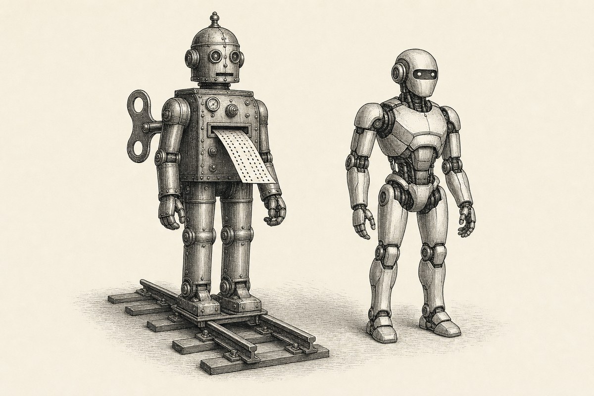 An antique clockwork robot bolted to a length of rail track, with a punched card feeding into its chest and a wind-up key in its back, standing beside a modern jointed robot on open floor