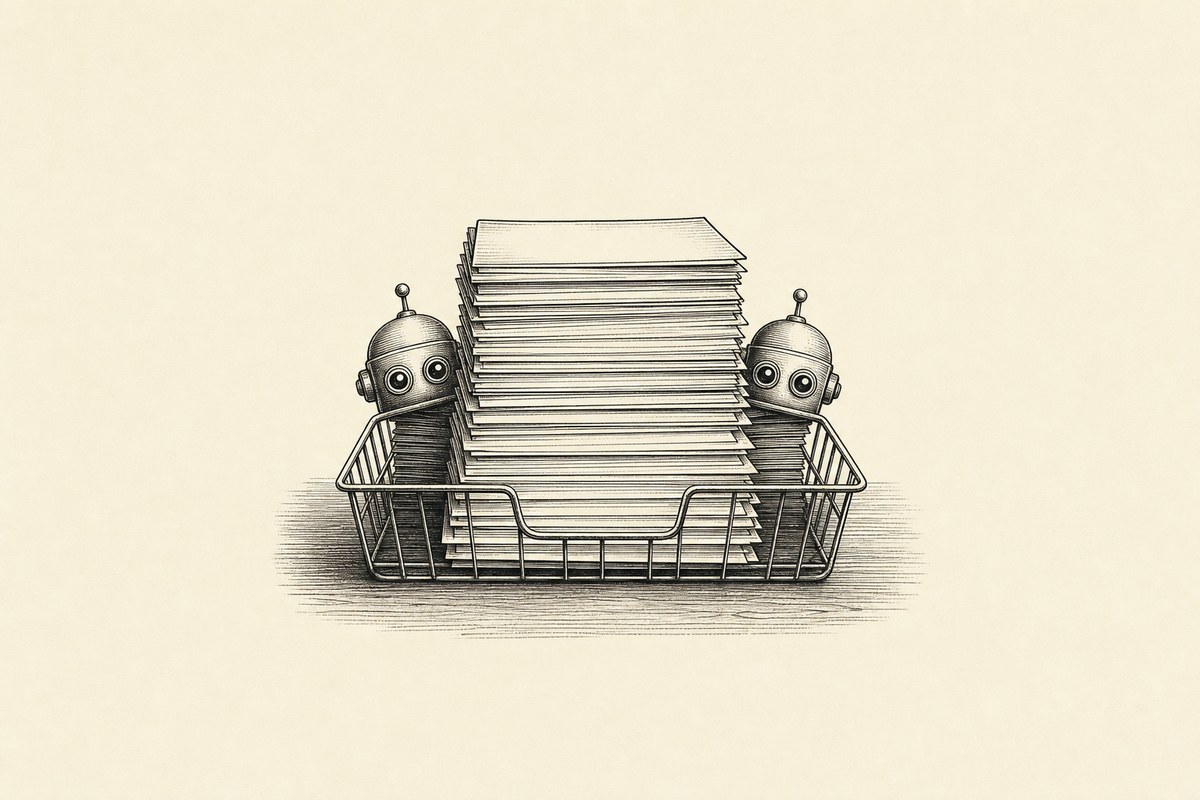 An overflowing office in-tray of identical filing slips, with a robot head peering over each side