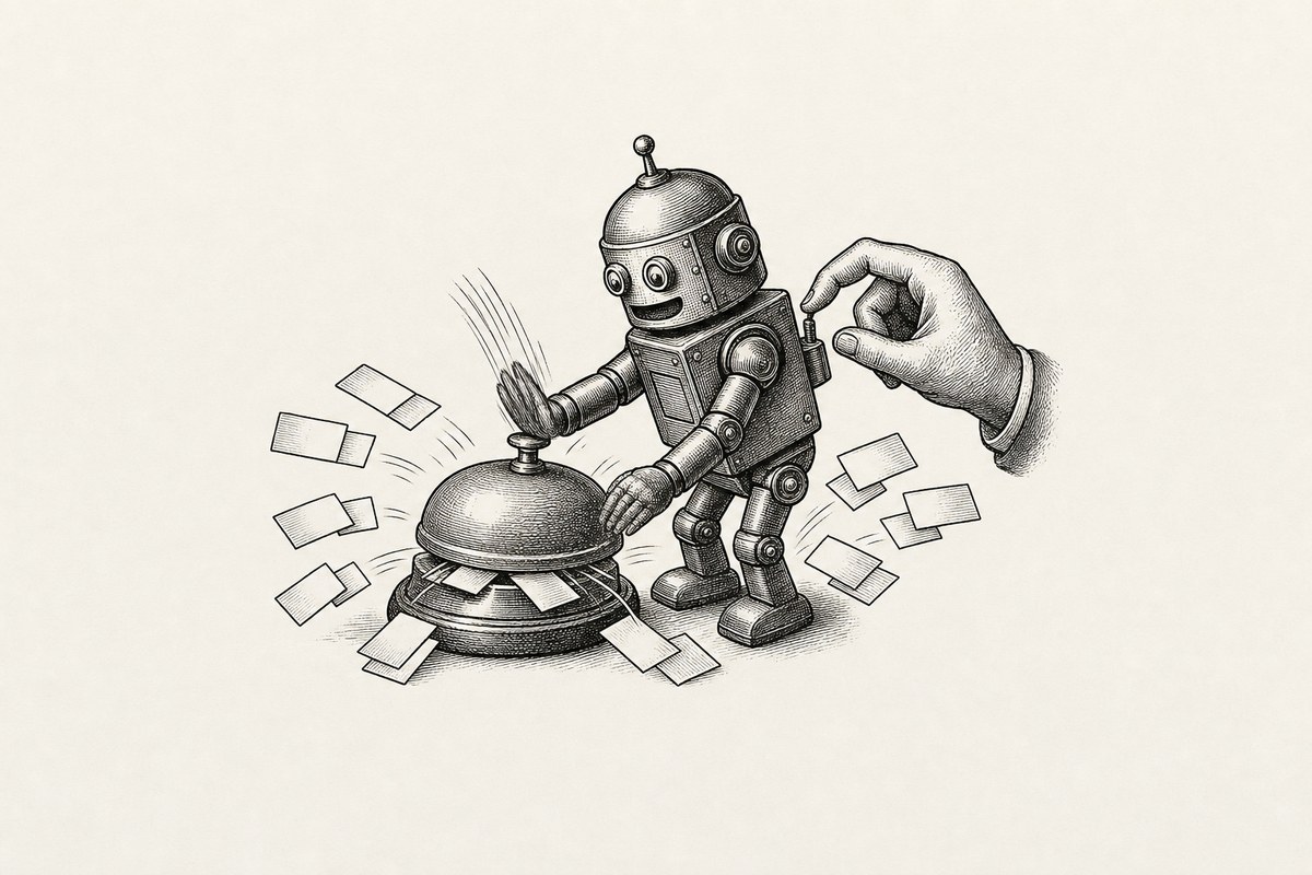 A robot alone in an empty room slapping a service bell, duplicate paper slips flying, a hand reaching for its power switch