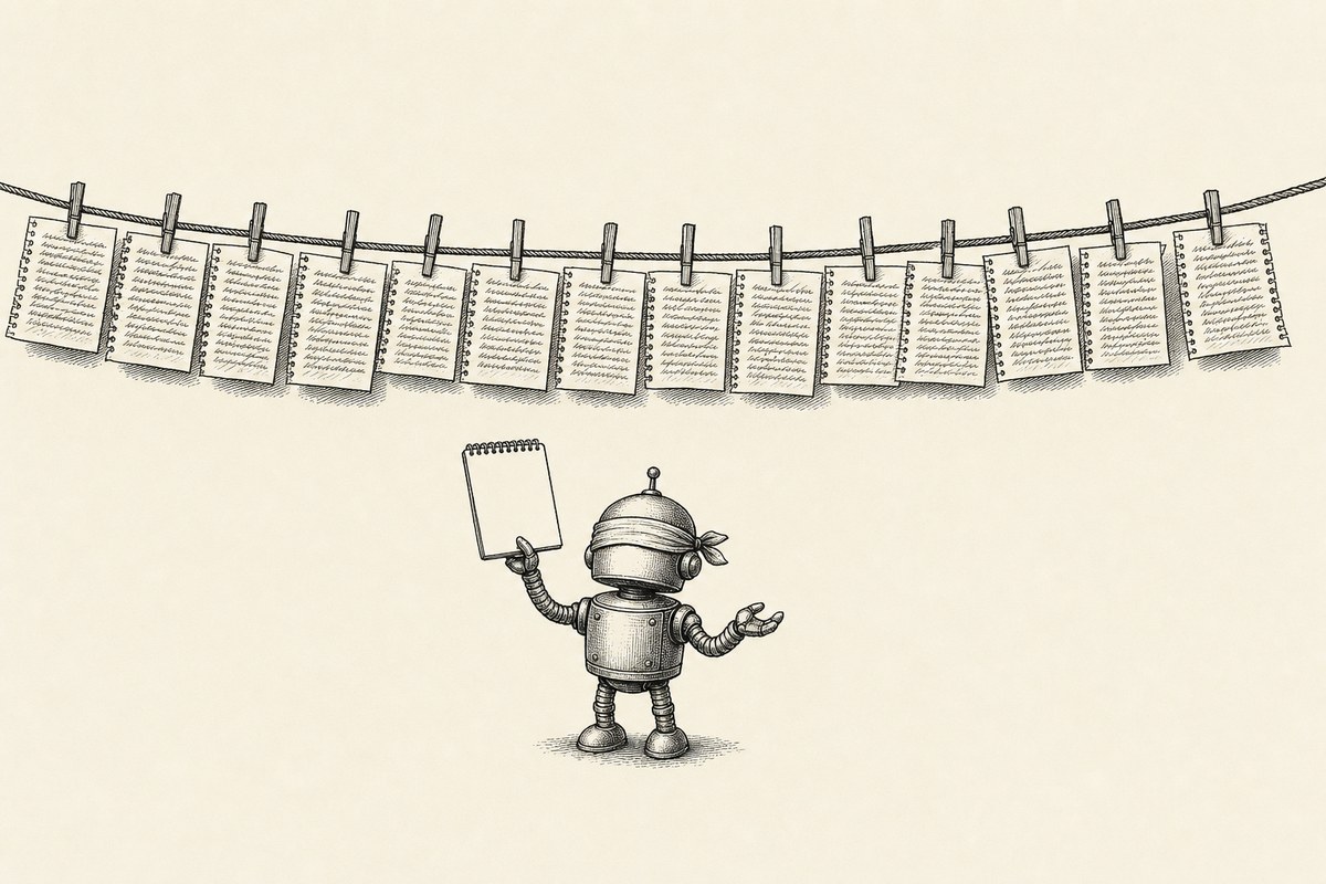 A blindfolded robot holding a blank notepad, standing under a clothesline strung with pages of handwriting