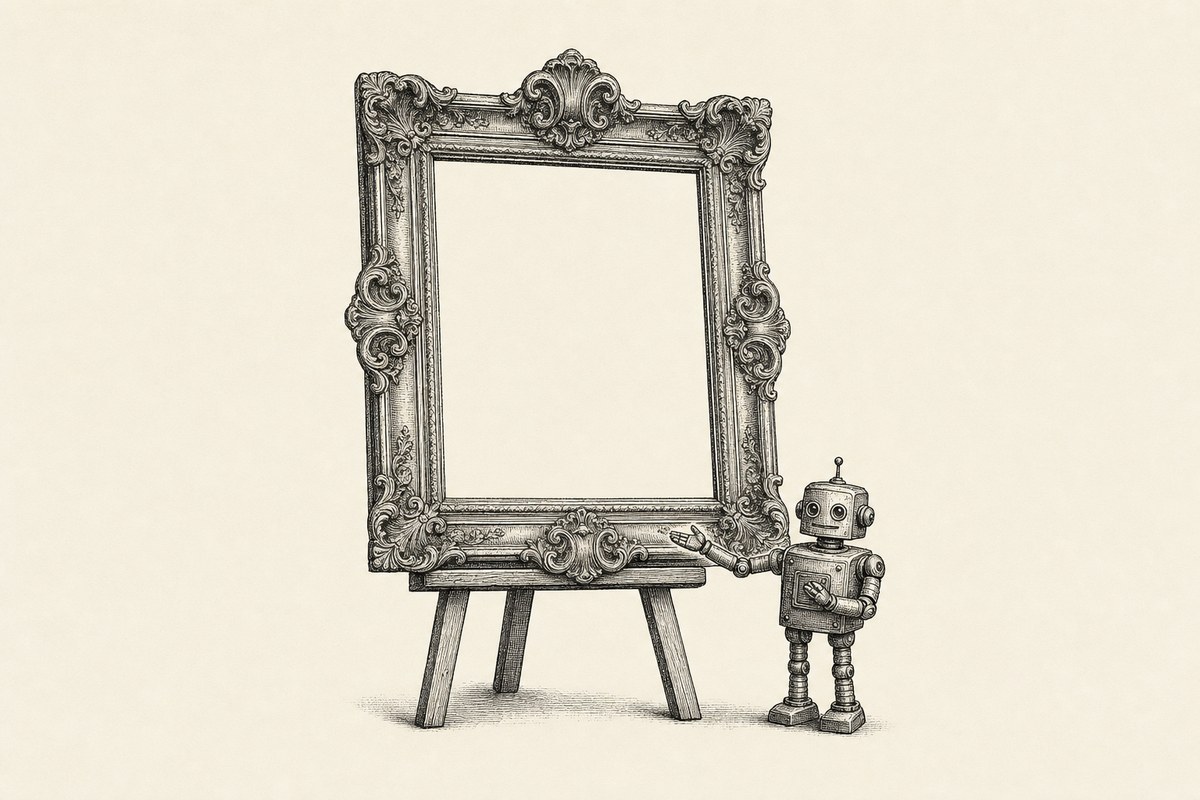 A tiny robot proudly presenting an enormous ornate gilded frame that contains nothing but blank paper