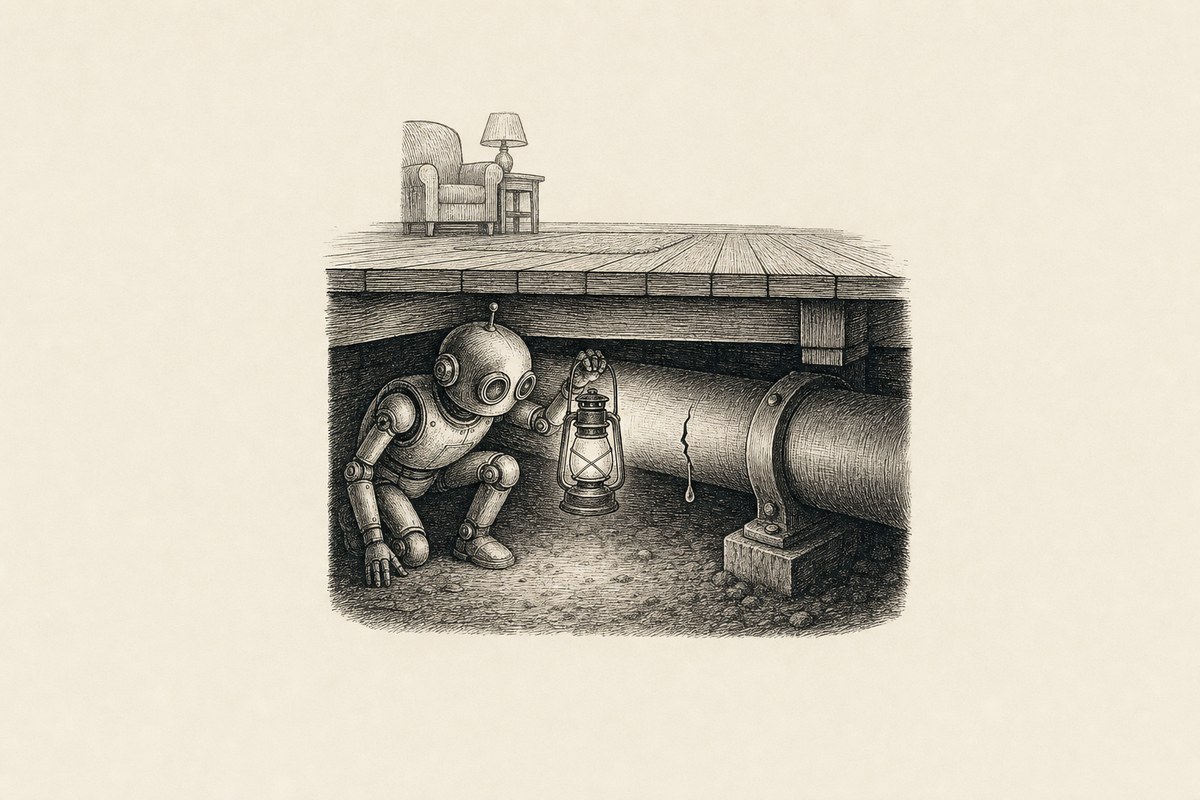 A robot crouched in a crawlspace holding a lantern, finding a hairline crack in a pipe before it leaks into the room above