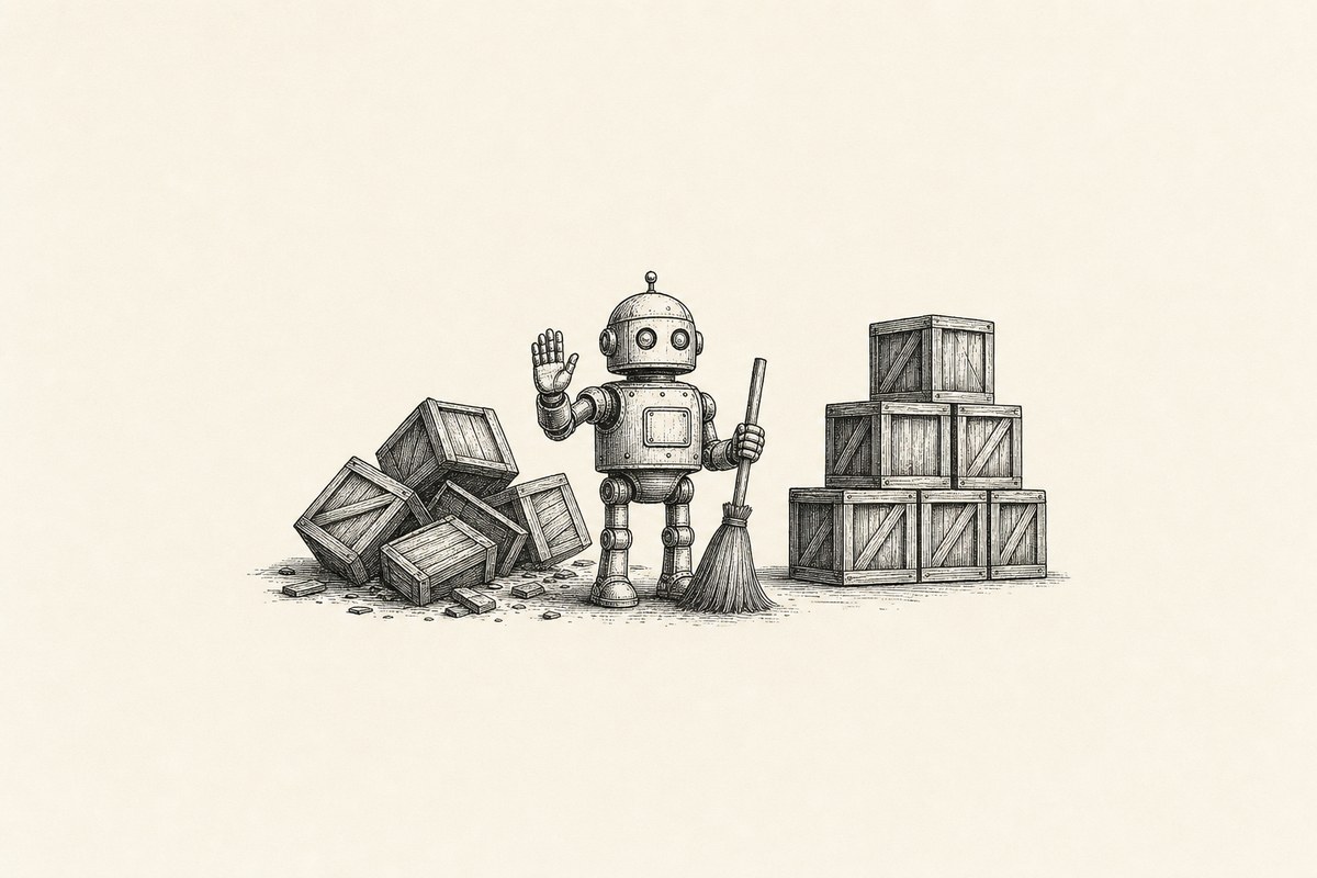 A robot in front of a toppled stack of crates, one hand raised in admission, a broom in the other, half the crates already restacked