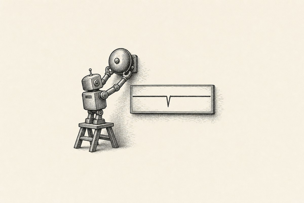 A robot on a stepladder mounting a new alarm bell on a wall beside a chart line with a single recovered dip