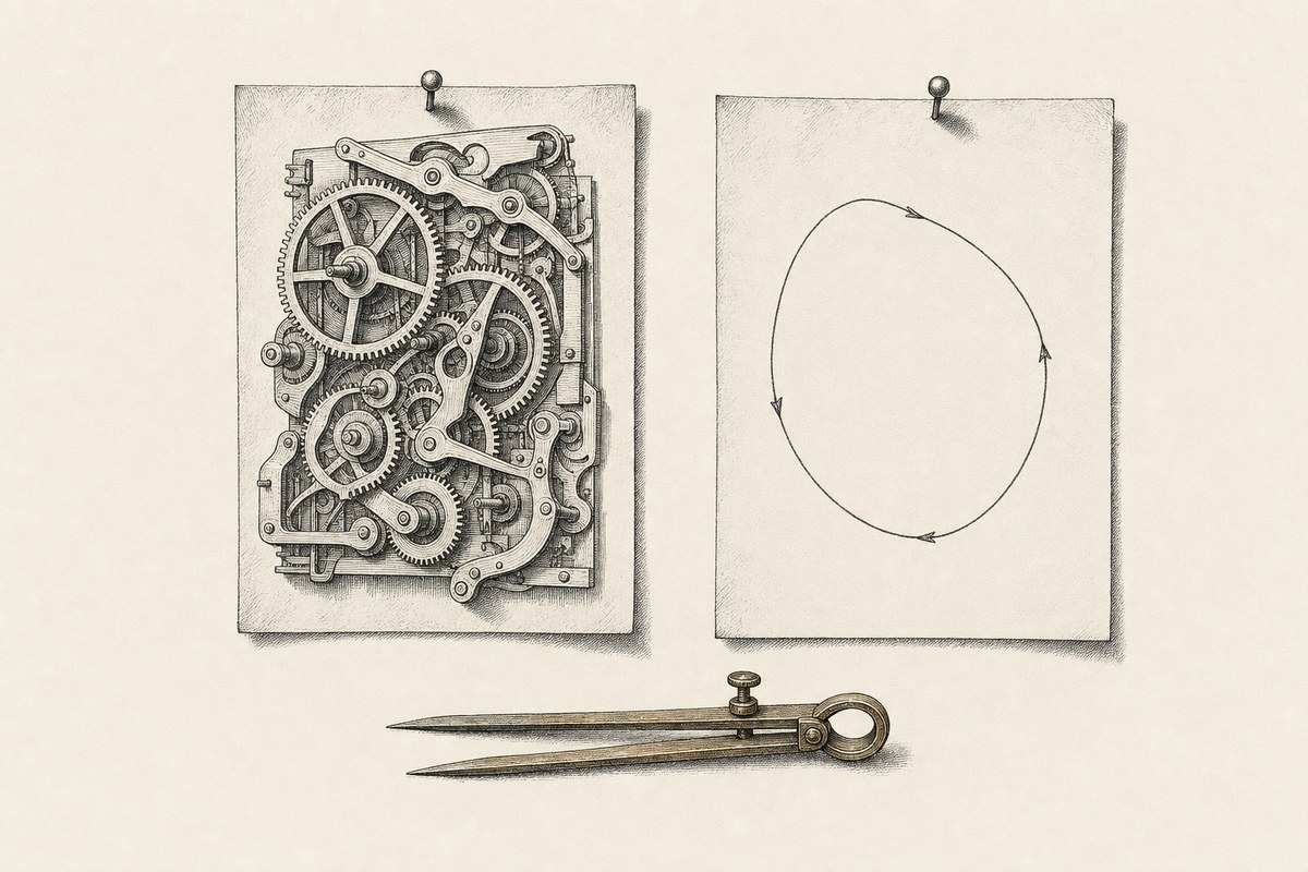 Two technical drawings pinned side by side: a dense clockwork mechanism of interlocking gears on the left, a single simple open loop on the right