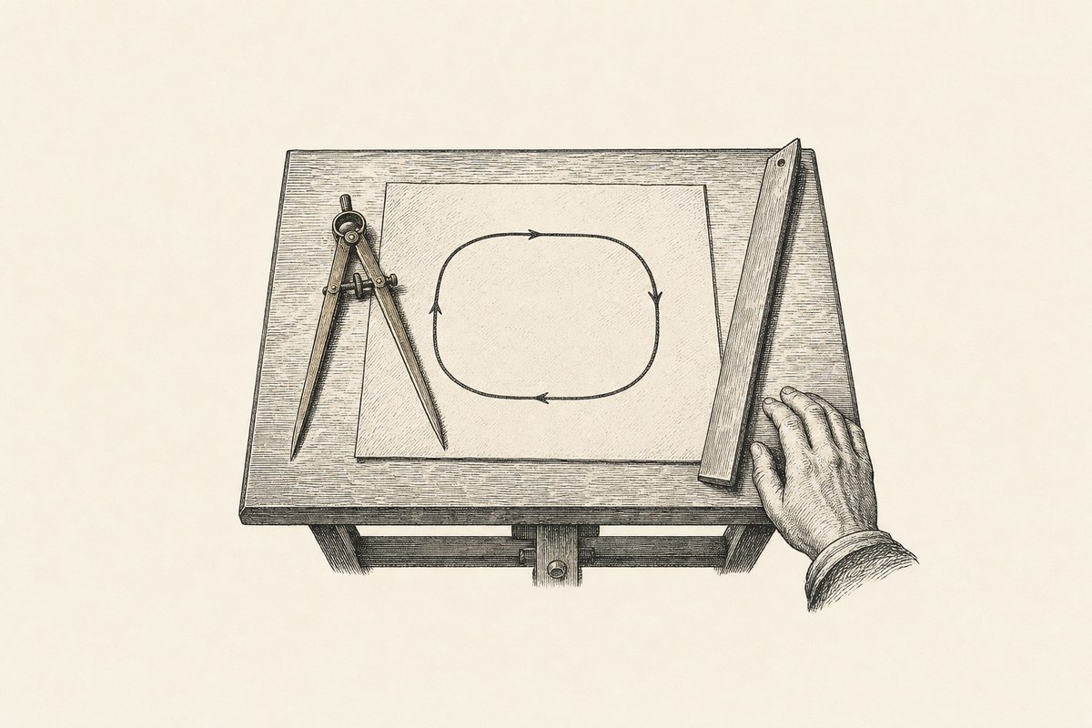 A drafting table seen from above with brass dividers and a carefully hand-drawn closed loop diagram