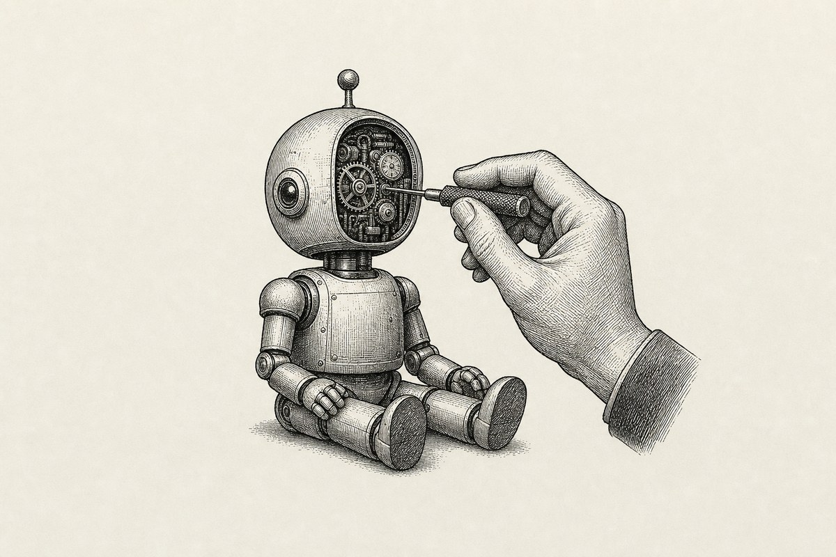 A human hand with a fine screwdriver calmly adjusting one dial inside the open back panel of a small robot's head