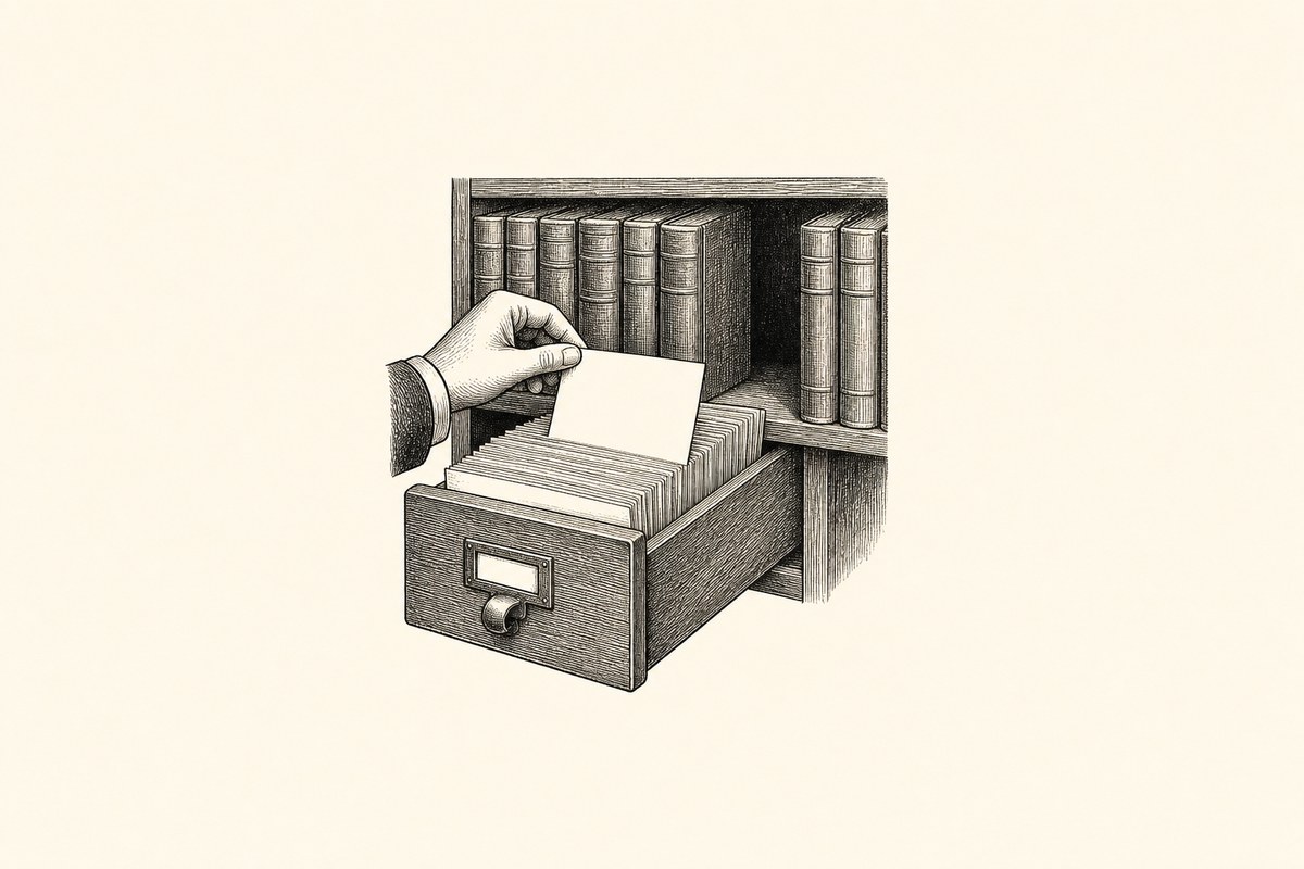 Laci katalog kartu perpustakaan terbuka dengan sebuah tangan mengangkat satu kartu indeks kosong, dan di belakangnya rak buku dengan satu celah kosong yang mencolok di antara buku-bukunya